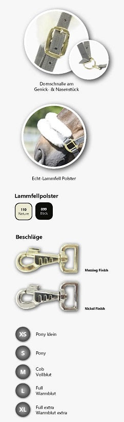 EQuest Halfter Dual Deluxe, mit Lammfell Polster, zweifach verstellbar, Nickel Finish